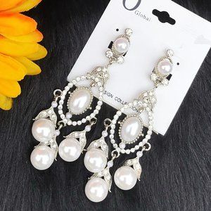 Boho Earrings Drop Pearls Bling Silvertone Clip-On